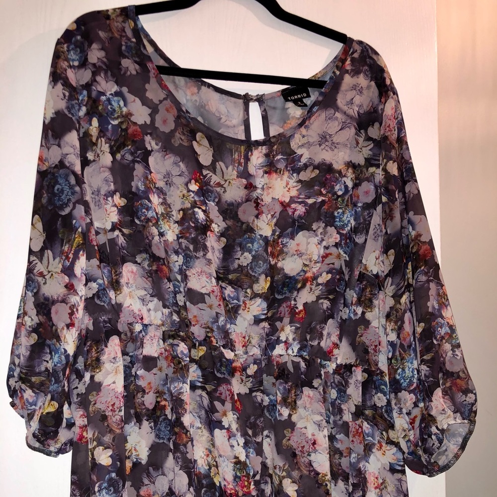 Torrid Floral Chiffon 3/4 Sleeve Babydoll Top